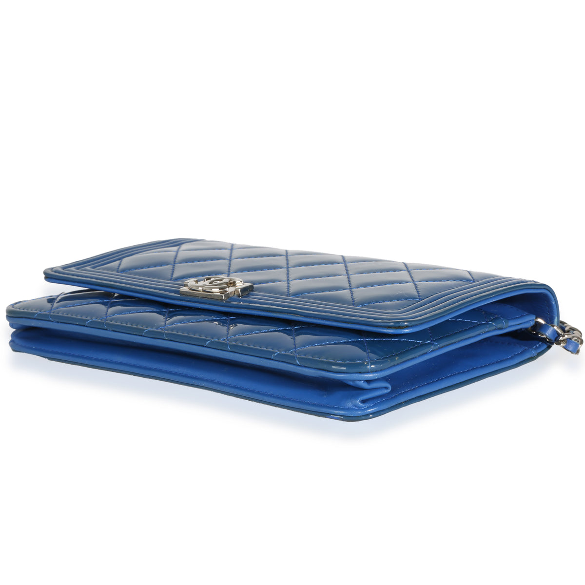 Blue Quilted Patent Boy Wallet On Chain