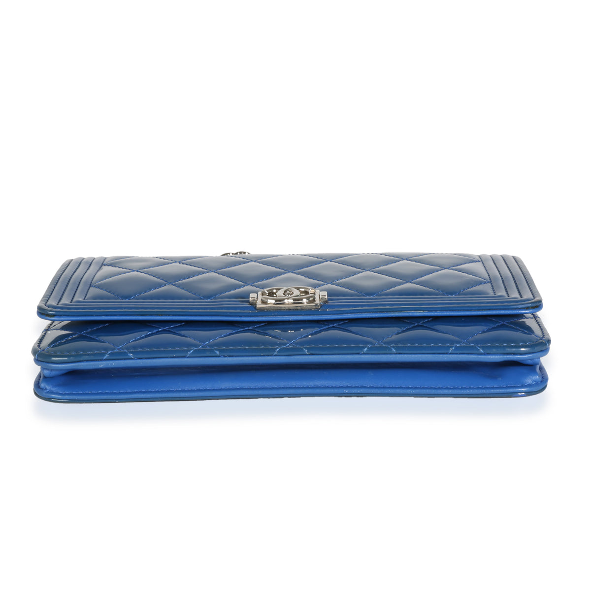 Blue Quilted Patent Boy Wallet On Chain