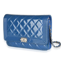 Blue Quilted Patent Boy Wallet On Chain