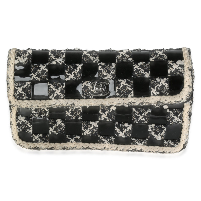 Chanel Black White Tweed Woven Patent Medium Flap Bag Handbag fv