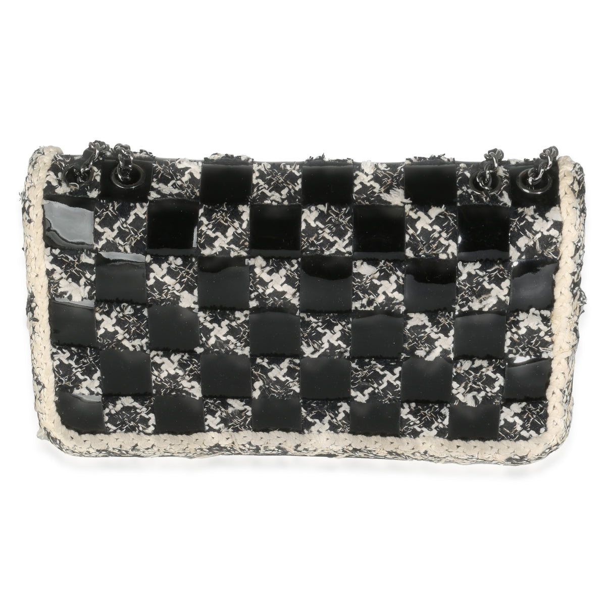 Black White Tweed Woven Patent Medium Flap Bag