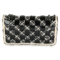 Black White Tweed Woven Patent Medium Flap Bag