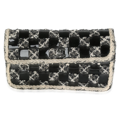 Black White Tweed Woven Patent Medium Flap Bag