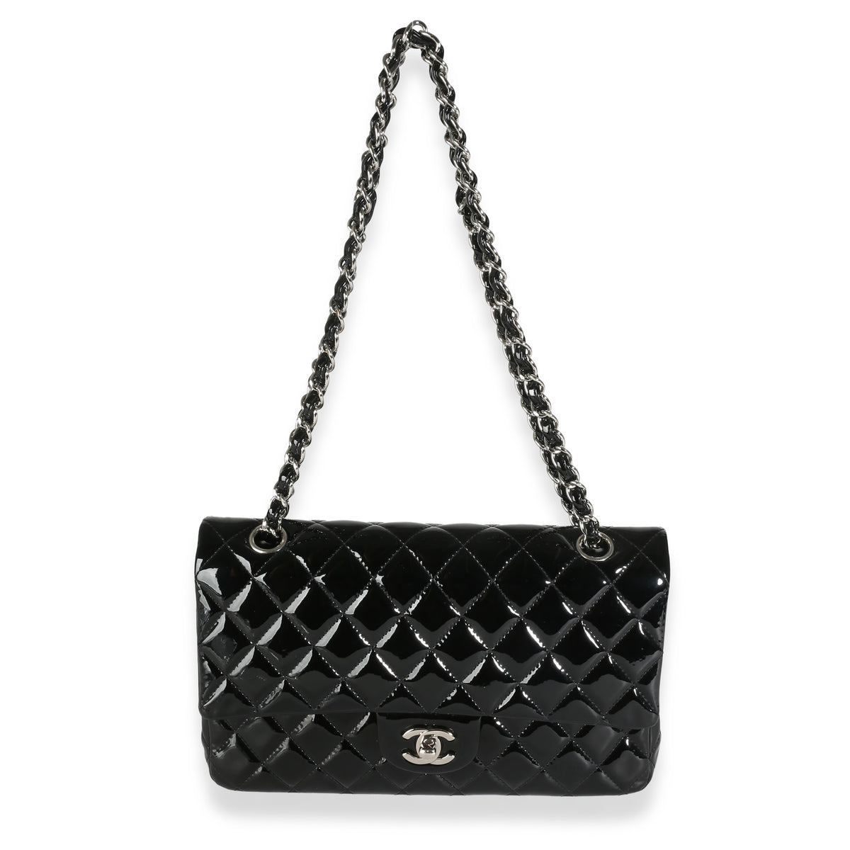 Black Quilted Patent Medium Classic Double Flap Bag