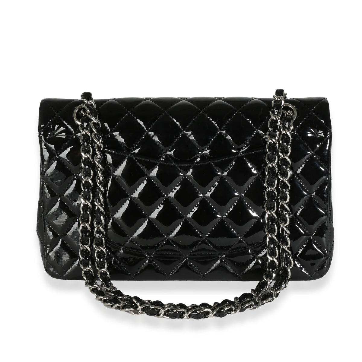 Black Quilted Patent Medium Classic Double Flap Bag