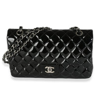 Black Quilted Patent Medium Classic Double Flap Bag