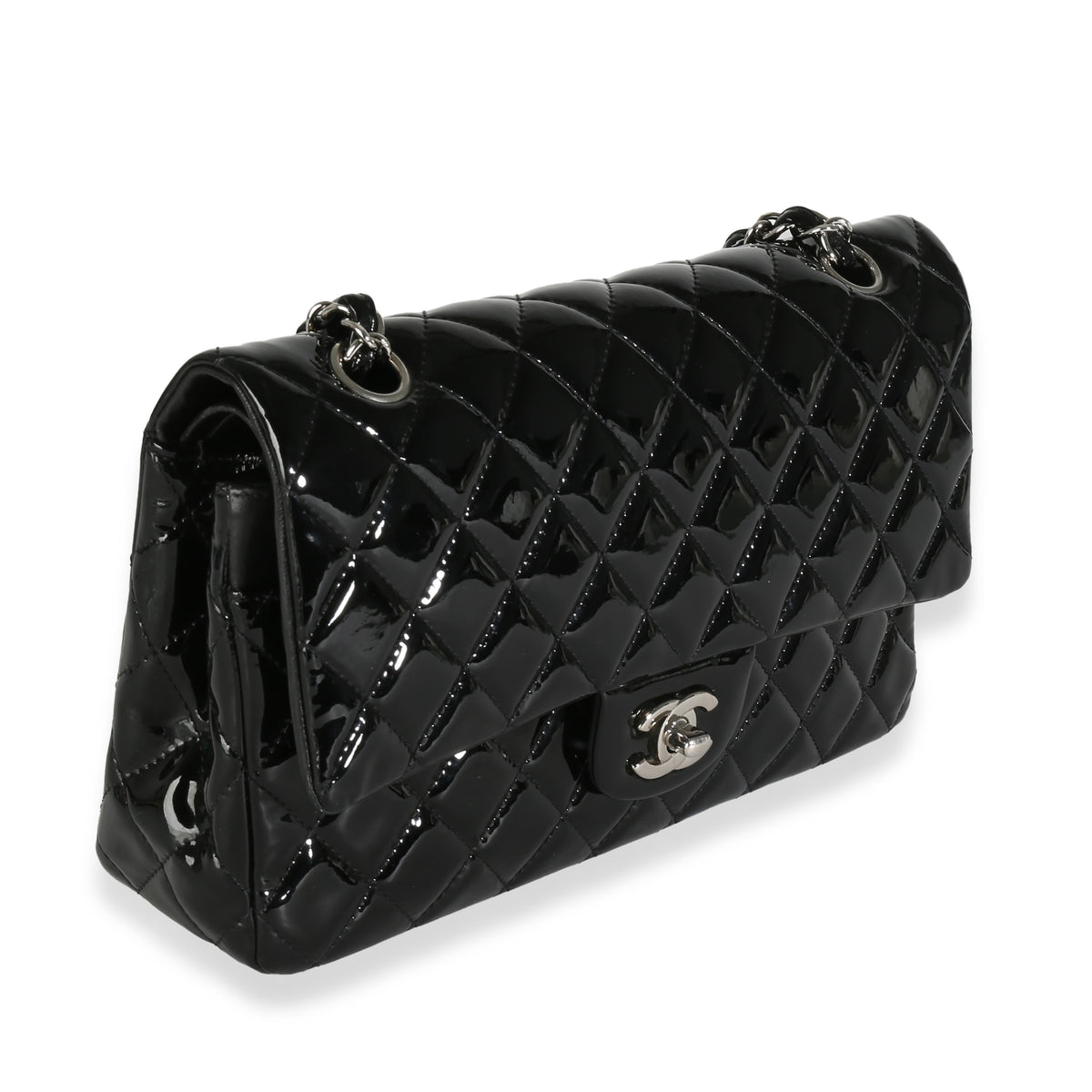 Black Quilted Patent Medium Classic Double Flap Bag