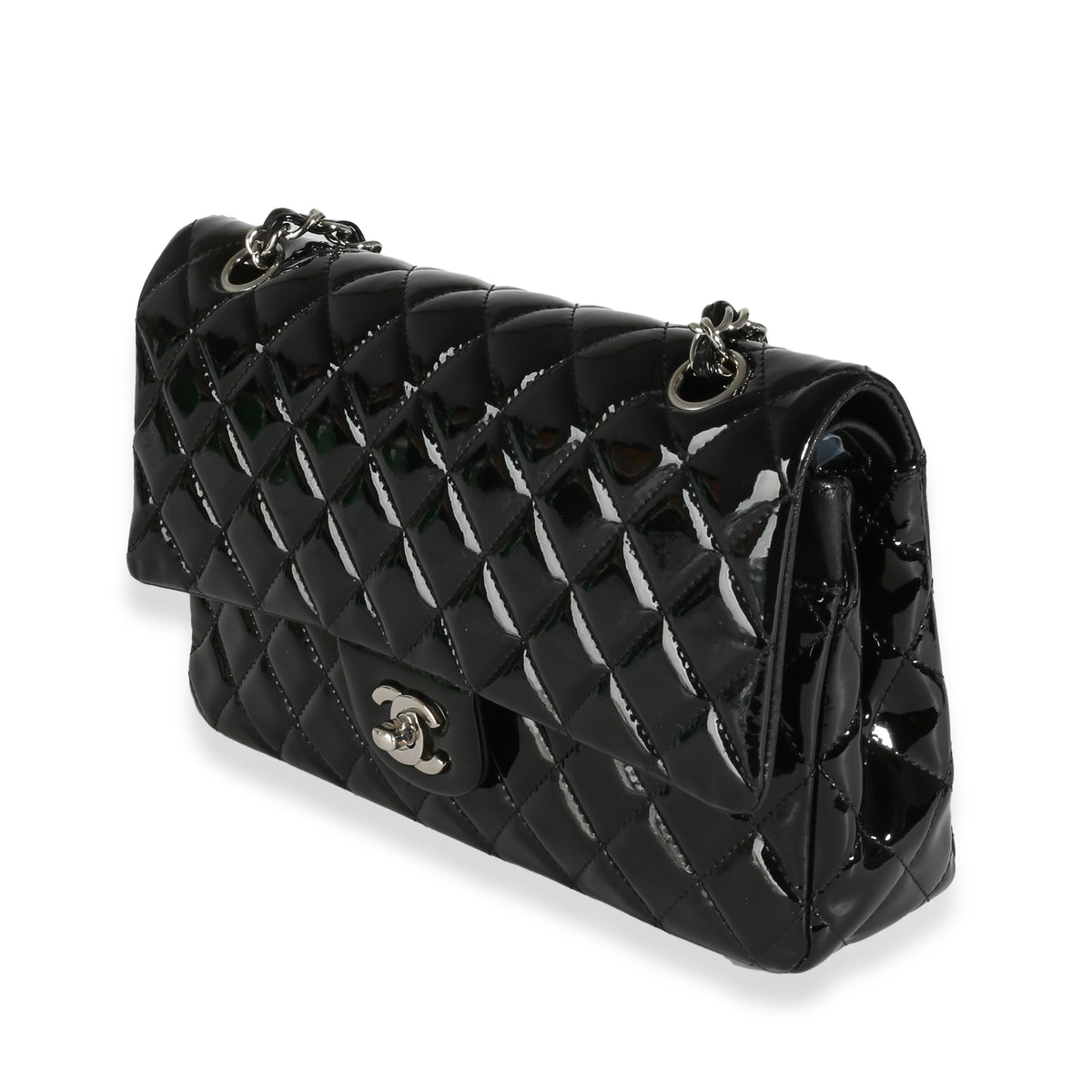 Black Quilted Patent Medium Classic Double Flap Bag