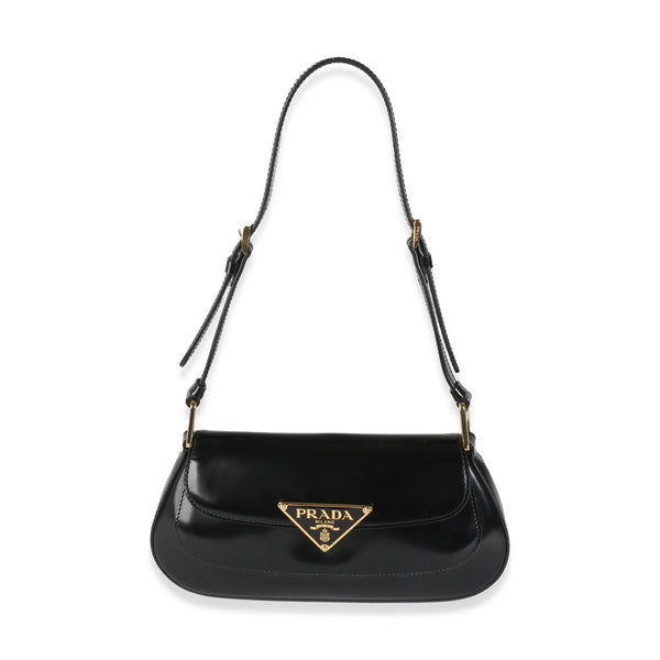 Prada Black Brushed Leather Logo Plaque Shoulder Bag | myGemma