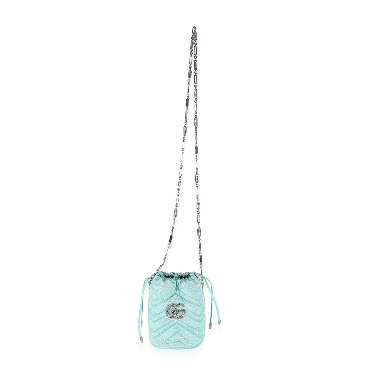 Blue Moire Fabric Matelasse Crystal GG Mini Marmont Bucket Bag