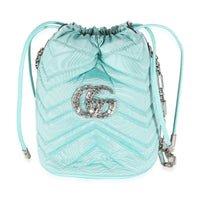 Blue Moire Fabric Matelasse Crystal GG Mini Marmont Bucket Bag