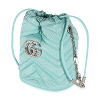 Blue Moire Fabric Matelasse Crystal GG Mini Marmont Bucket Bag