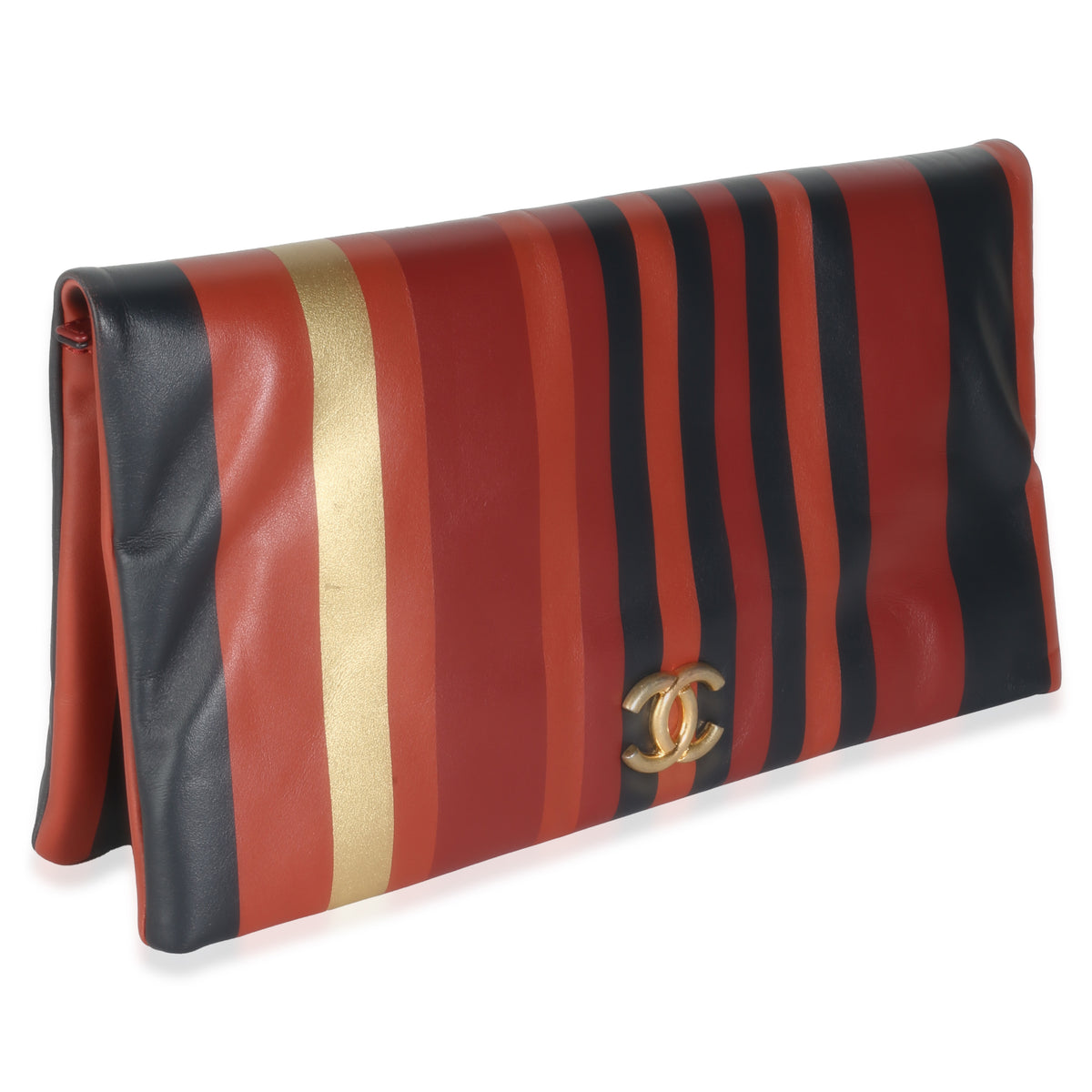 Paris Greece Black Gold Burgundy Stripe Calfskin CC Flap Clutch