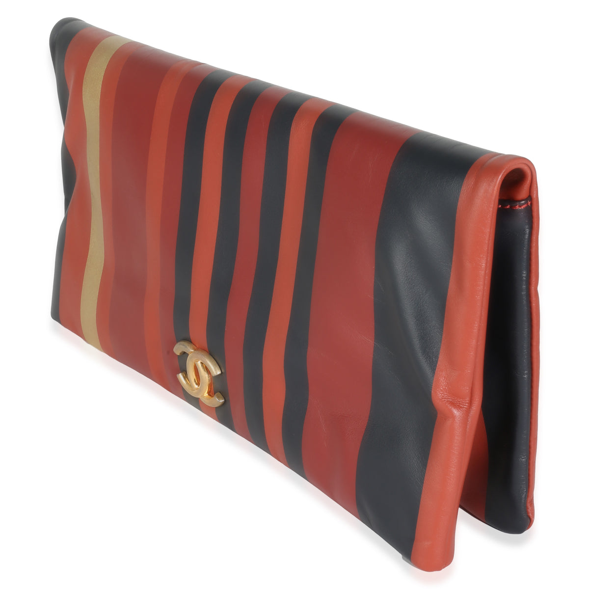 Paris Greece Black Gold Burgundy Stripe Calfskin CC Flap Clutch