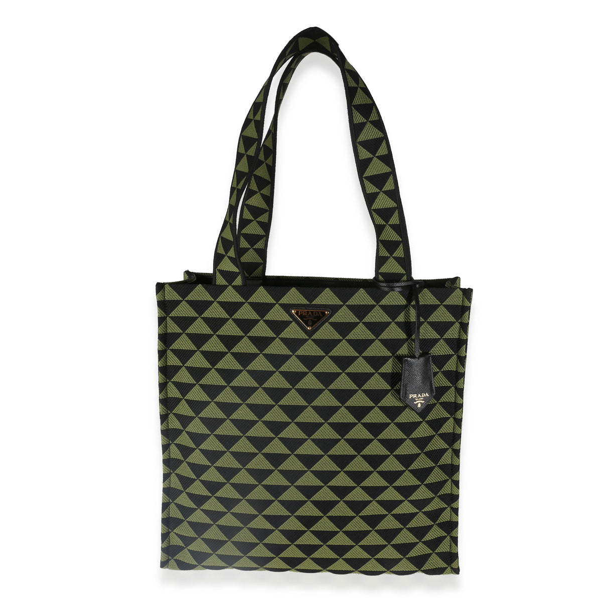 Prada Black Green Jacquard Triangolo Symbole Shopping Tote Handbag fv
