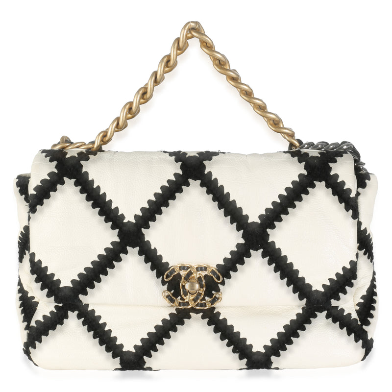 Black White Calfskin Crochet Medium Chanel 19 Flap Bag