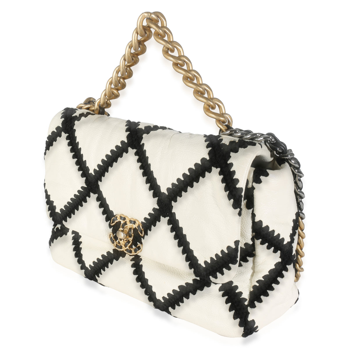 Black White Calfskin Crochet Medium Chanel 19 Flap Bag