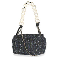 Navy Tweed Sequin Medium Pearl Handle Flap Bag