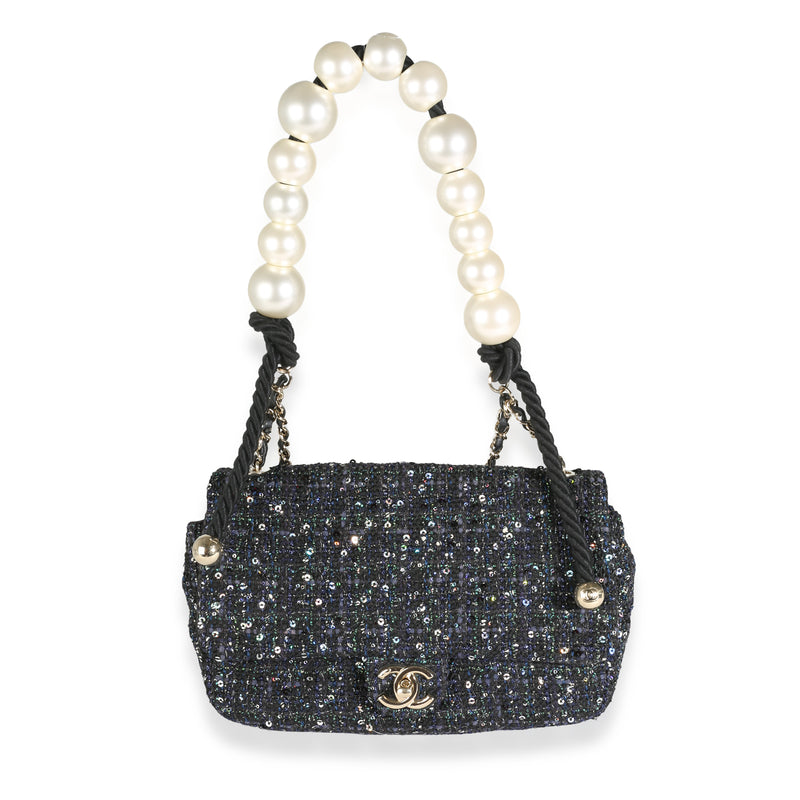 Navy Tweed Sequin Medium Pearl Handle Flap Bag