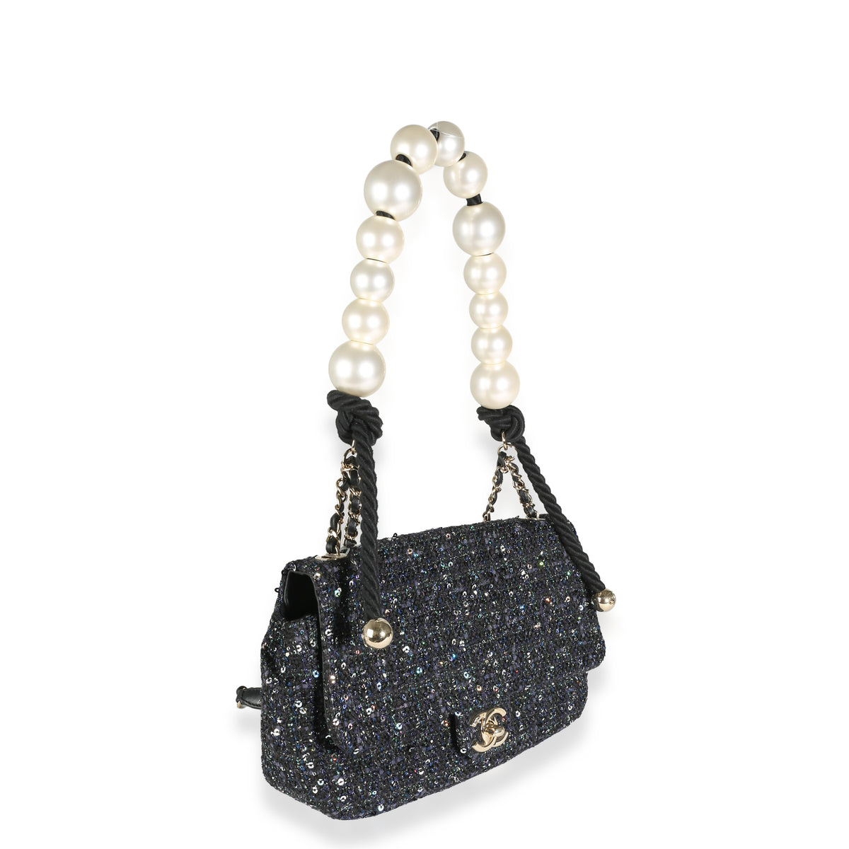 Navy Tweed Sequin Medium Pearl Handle Flap Bag