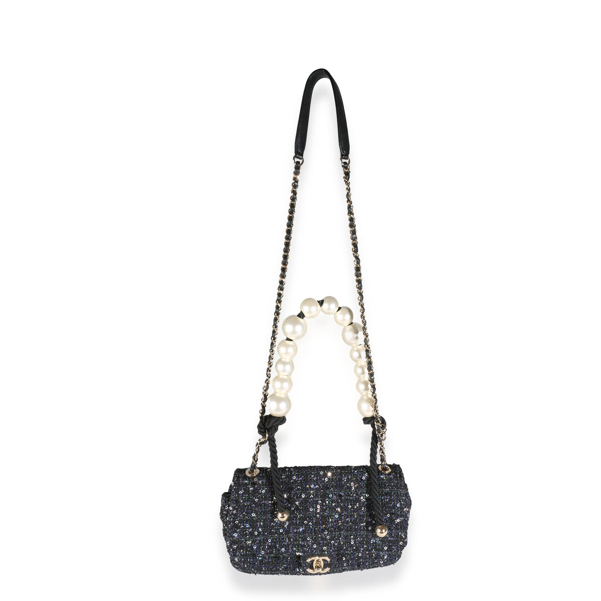 Navy Tweed Sequin Medium Pearl Handle Flap Bag