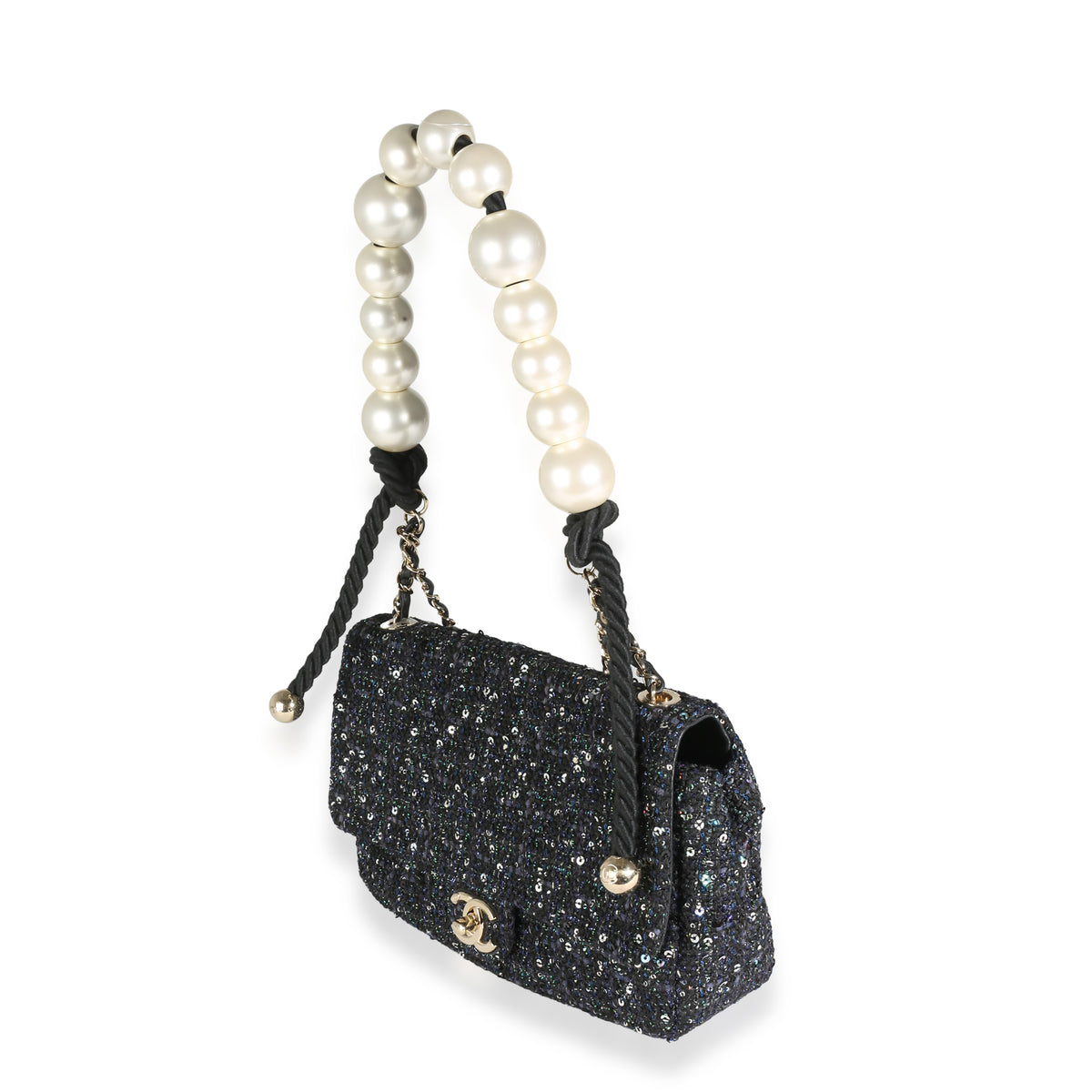 Navy Tweed Sequin Medium Pearl Handle Flap Bag