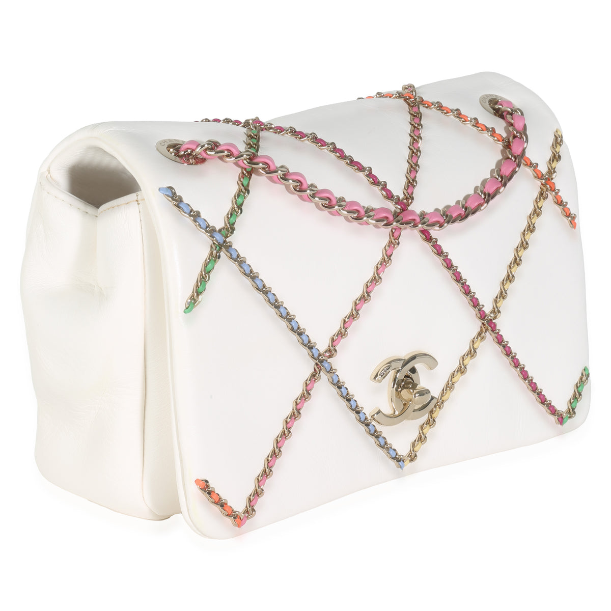 White Lambskin Multicolor Chain Intertwined Small Flap Bag