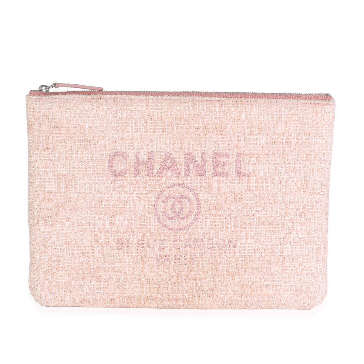 Pink Woven Straw Raffia Tweed Deauville Pouch