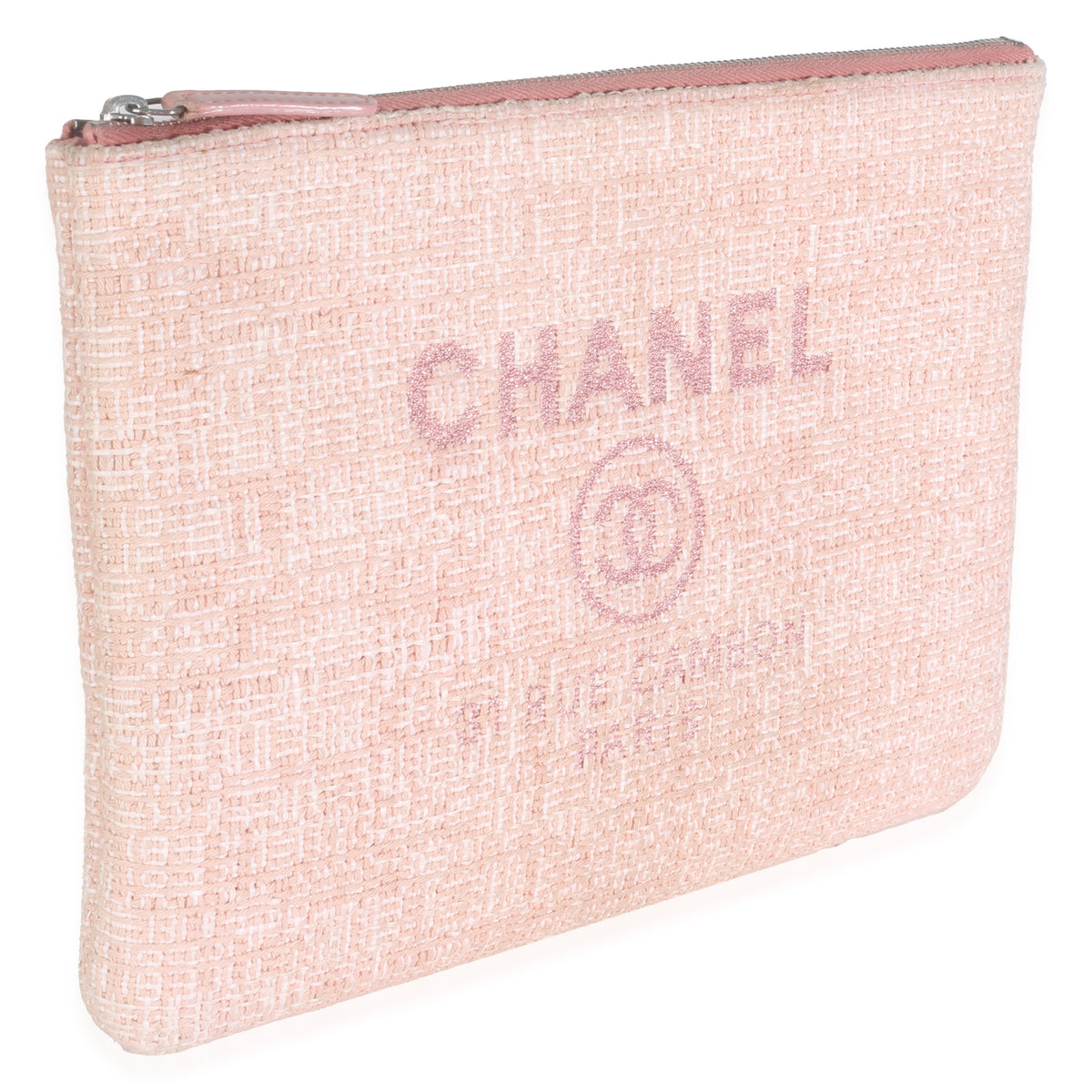 Pink Woven Straw Raffia Tweed Deauville Pouch