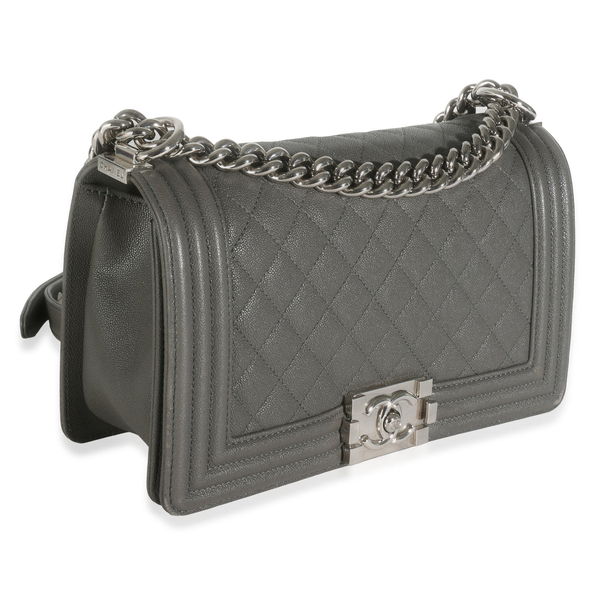 Grey Quilted Caviar Medium Boy Handbag