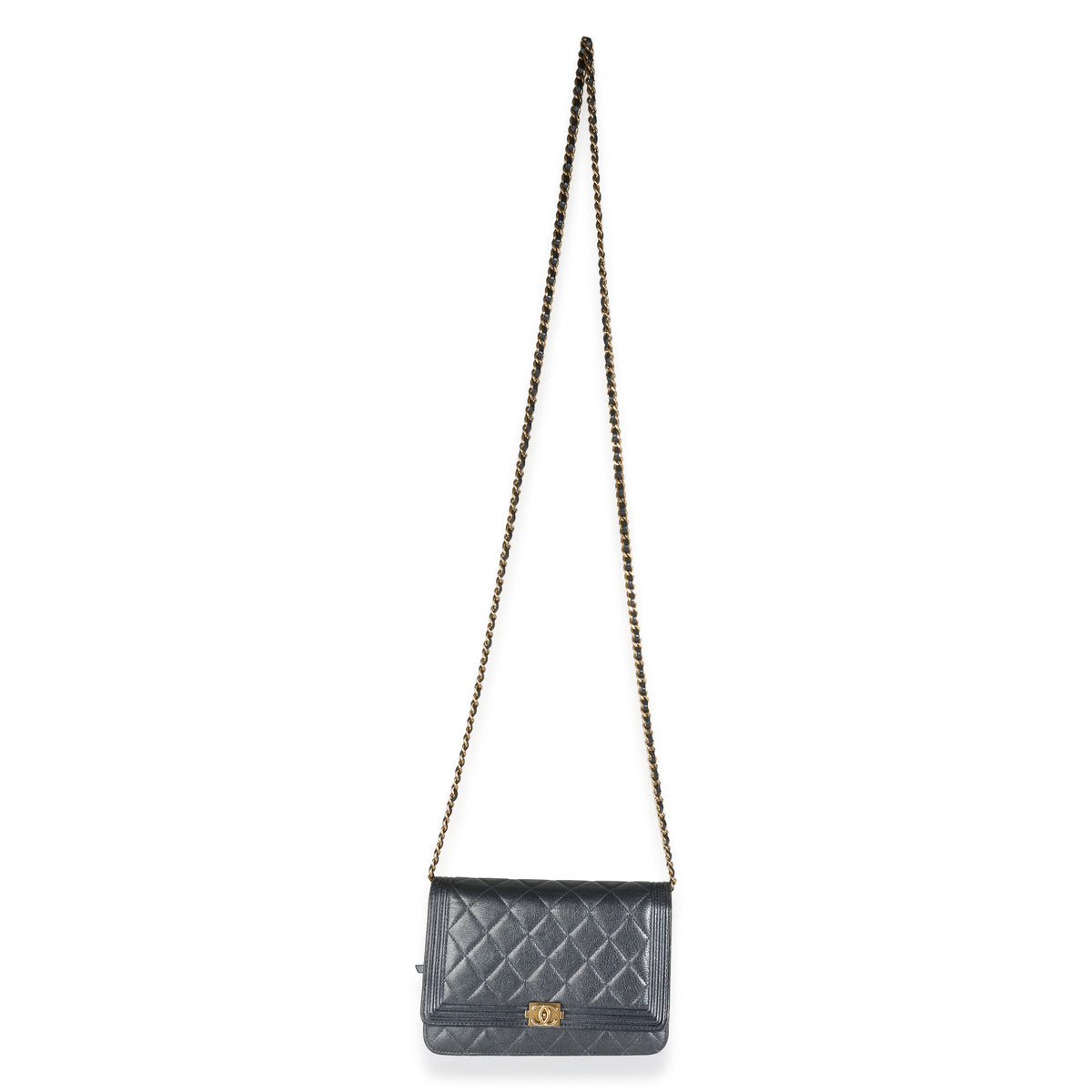Chanel Gunmetal Quilted Lambskin Boy Wallet On Chain Handbag av