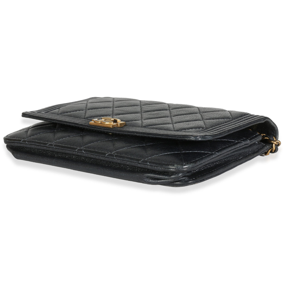 Chanel Gunmetal Quilted Lambskin Boy Wallet On Chain Handbag box