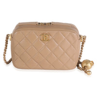 Beige Quilted Lambskin Pearl Crush Camera Case