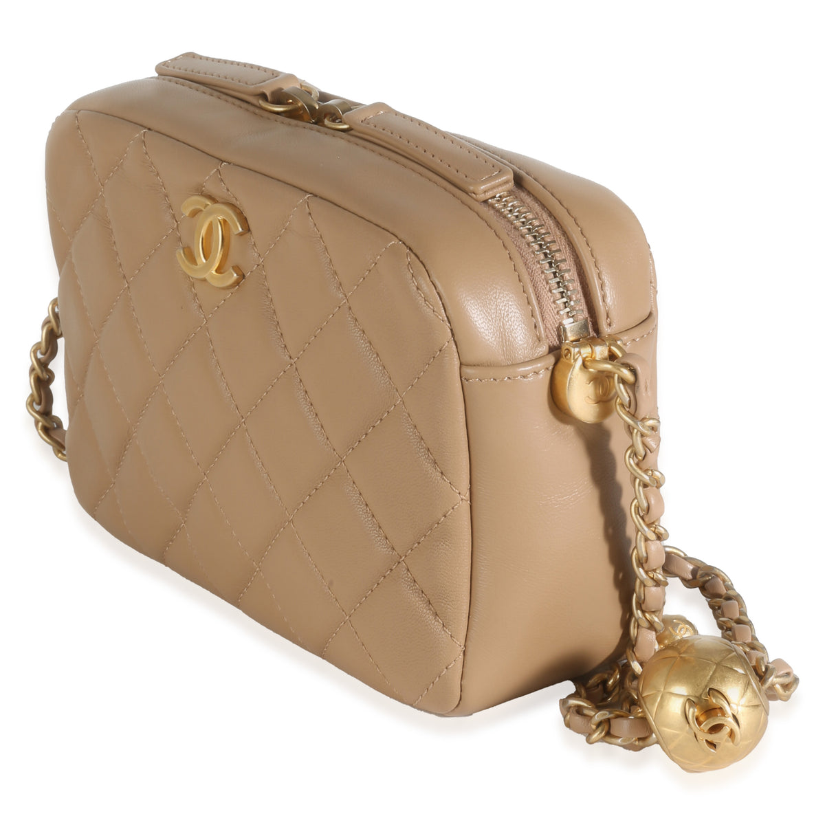 Beige Quilted Lambskin Pearl Crush Camera Case