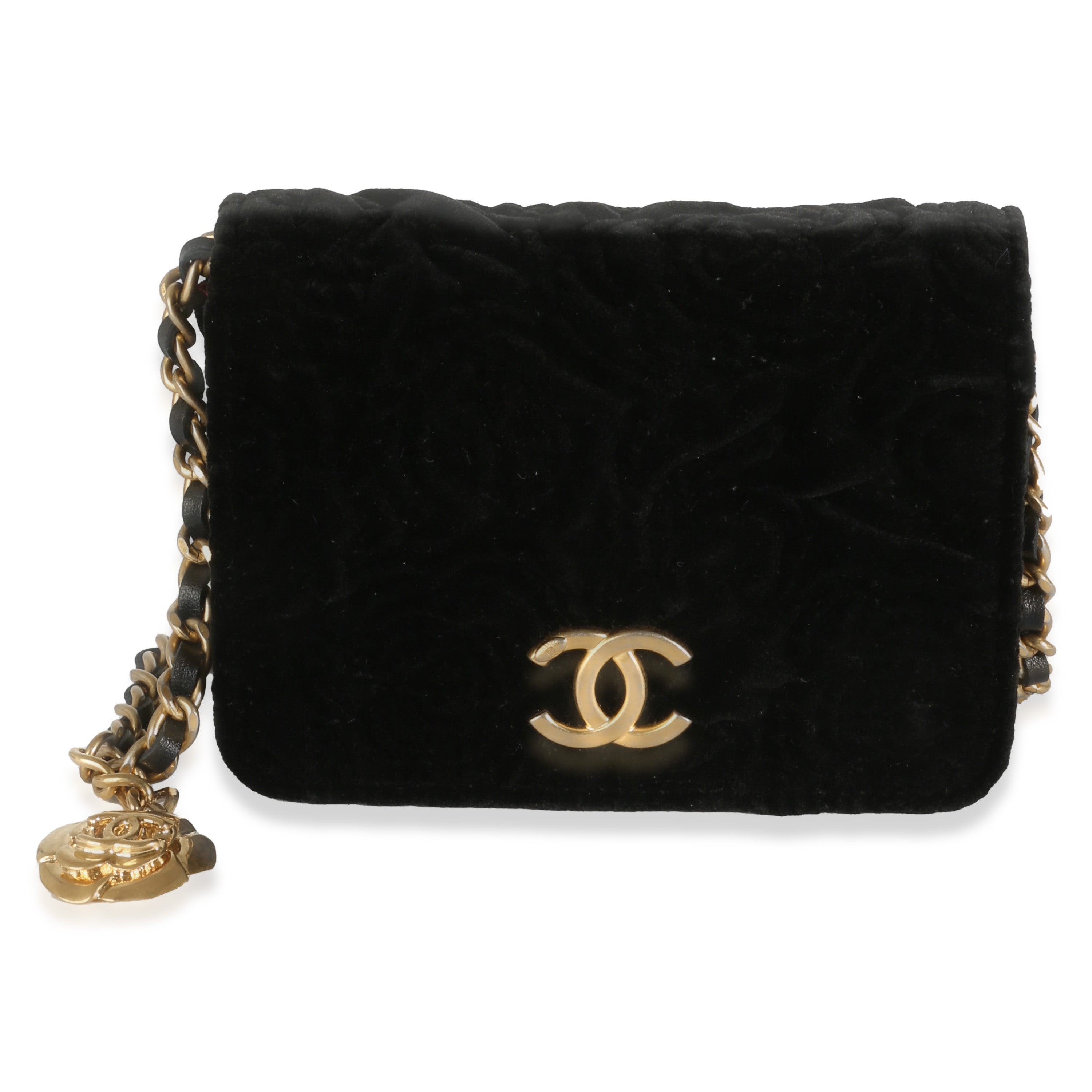 Chanel Black Velvet Camellia Mini Coin Purse With Chain | myGemma 