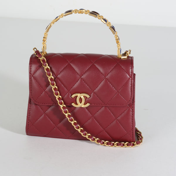 22B Burgundy Quilted Lambskin Enamel Top Handle Flap With Chain