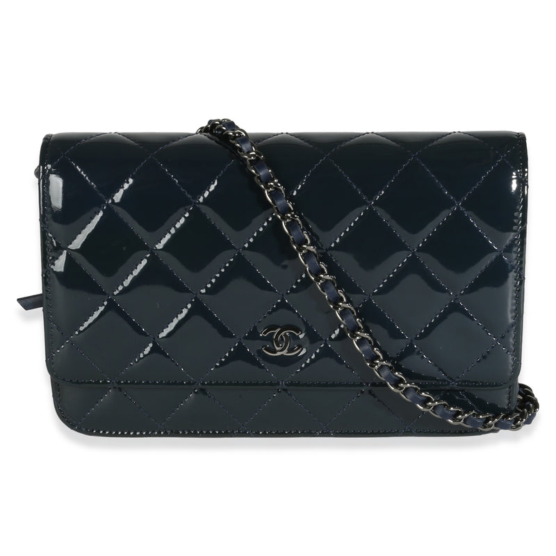 Navy Quilted Patent Wallet On Chain