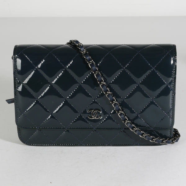 Navy Quilted Patent Wallet On Chain