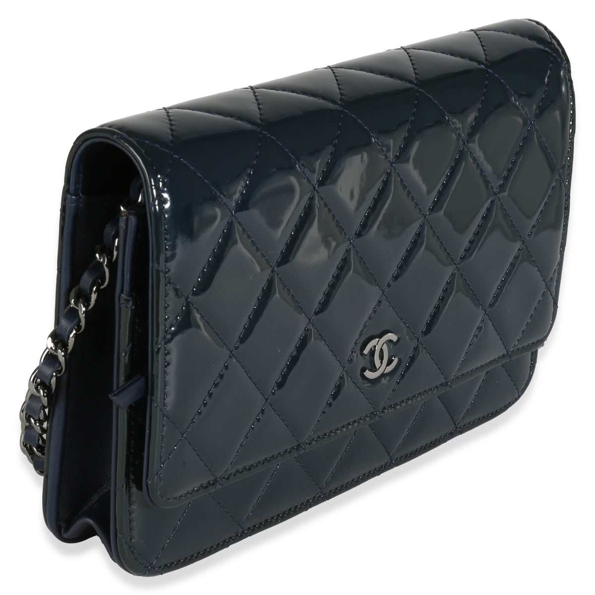 Navy Quilted Patent Wallet On Chain