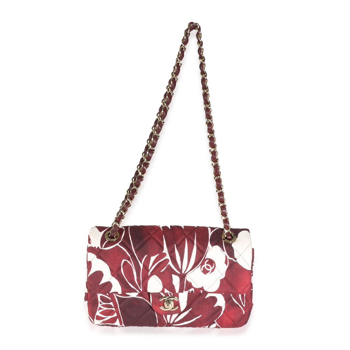 Burgundy White Floral Printed Silk CC Medium Single Flap Bag