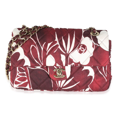 Burgundy White Floral Printed Silk CC Medium Single Flap Bag