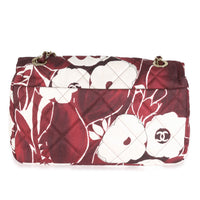 Burgundy White Floral Printed Silk CC Medium Single Flap Bag