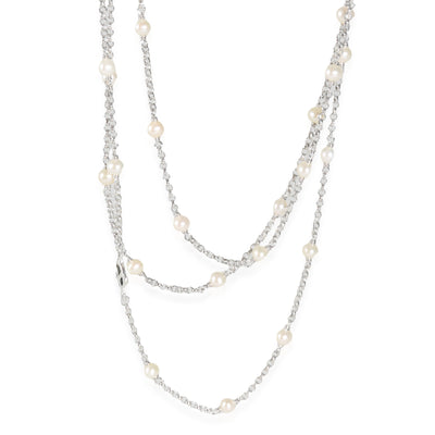 Pearl Station Long Chain Necklace in Sterling Silver, 60 Inches