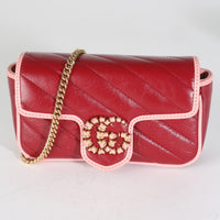 Red Azalea Calfskin Enamel Diagonal Torchon GG Super Mini Marmont