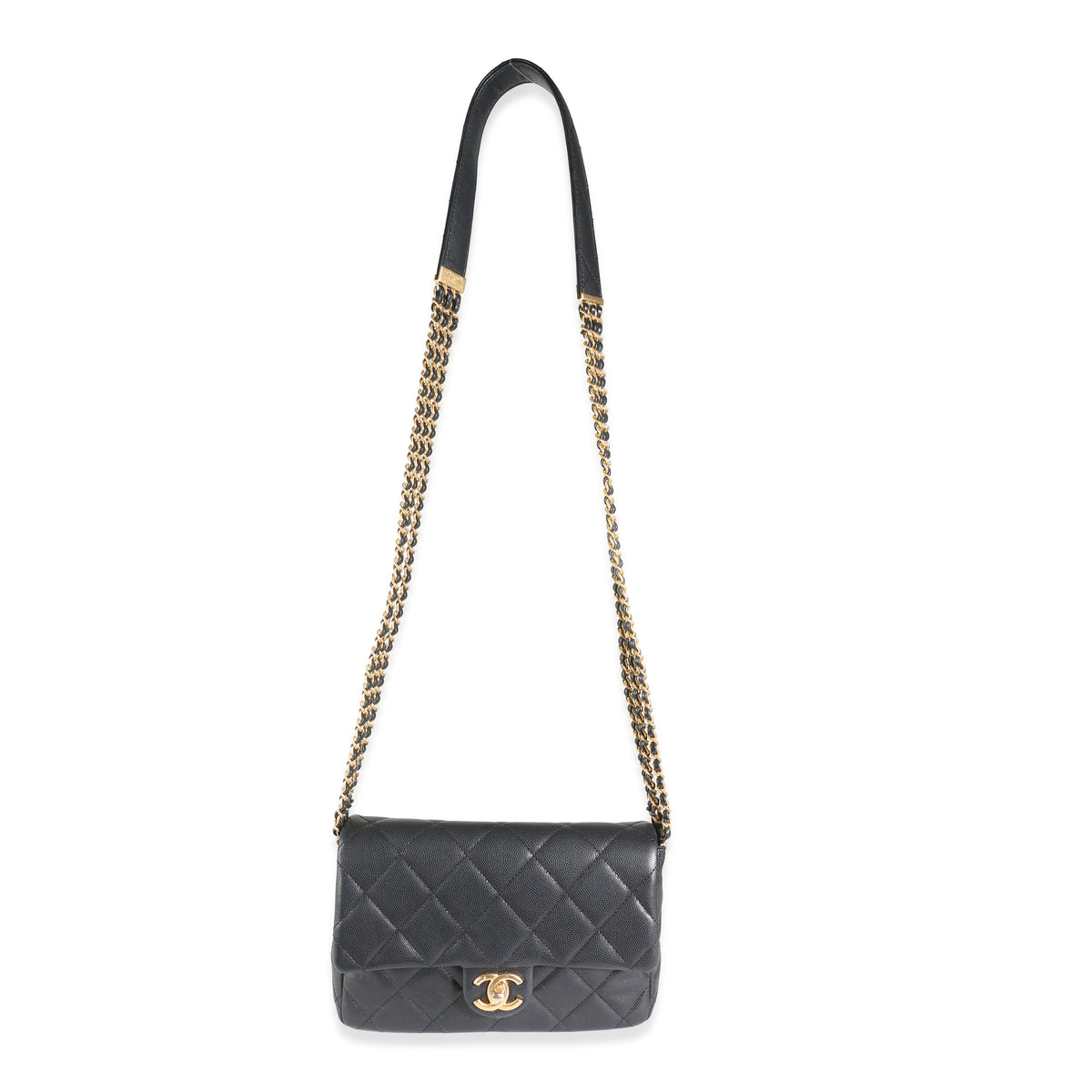 Black Quilted Caviar Multi Chain Messenger Flap Bag