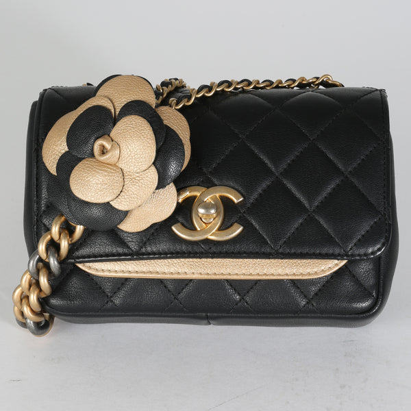 Black Gold Quilted Calfskin Camellia Flower Chain Mini Flap Bag