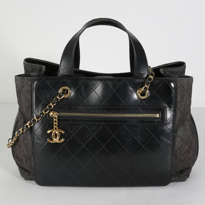 Black Quilted Denim Calfskin Front Pocket CC Shopping Tote