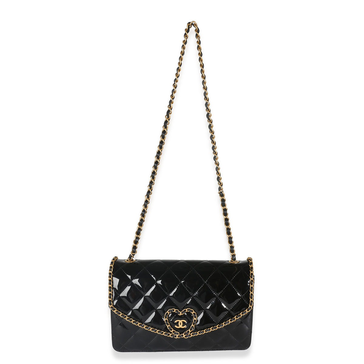 24A Black Quilted Patent Chain Around Heart Flap Bag