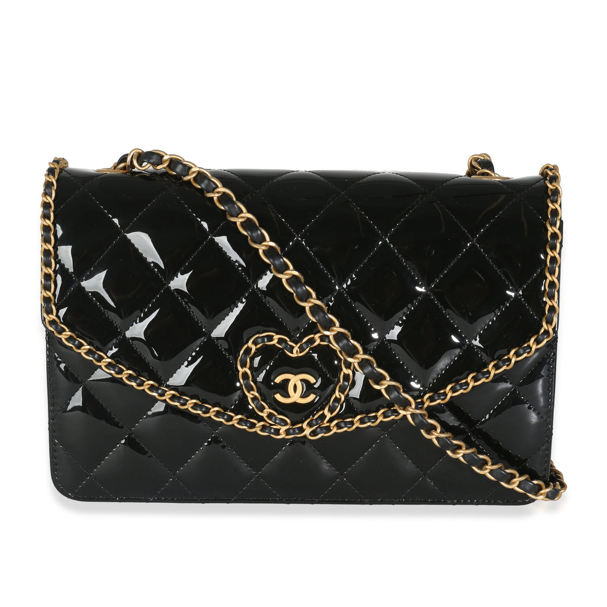 24A Black Quilted Patent Chain Around Heart Flap Bag