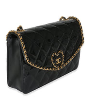 24A Black Quilted Patent Chain Around Heart Flap Bag